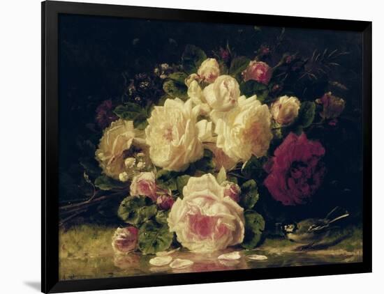 Roses with a Blue Tit by a Stream-Jean Baptiste Claude Robie-Framed Giclee Print