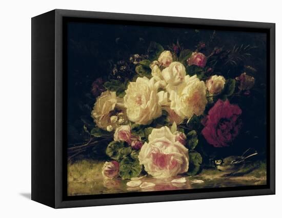 Roses with a Blue Tit by a Stream-Jean Baptiste Claude Robie-Framed Stretched Canvas