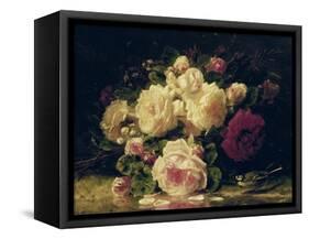 Roses with a Blue Tit by a Stream-Jean Baptiste Claude Robie-Framed Stretched Canvas