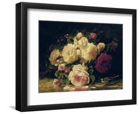 Roses with a Blue Tit by a Stream-Jean Baptiste Claude Robie-Framed Premium Giclee Print