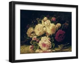 Roses with a Blue Tit by a Stream-Jean Baptiste Claude Robie-Framed Giclee Print