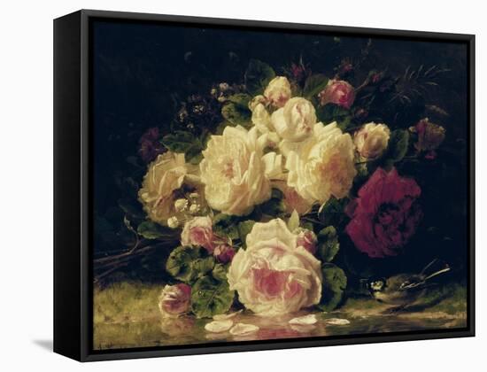 Roses with a Blue Tit by a Stream-Jean Baptiste Claude Robie-Framed Stretched Canvas