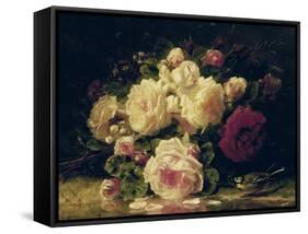 Roses with a Blue Tit by a Stream-Jean Baptiste Claude Robie-Framed Stretched Canvas