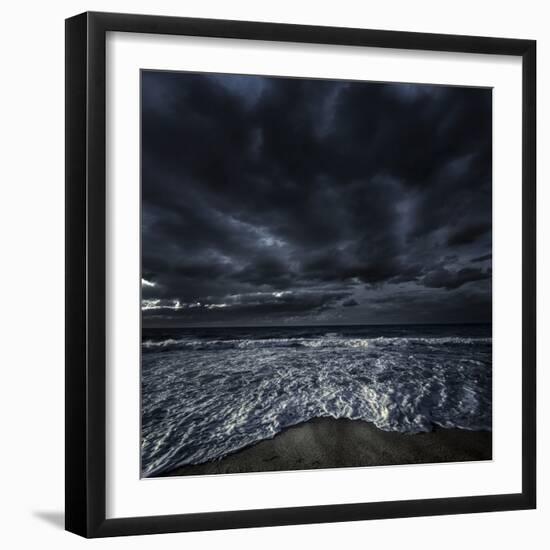 Rough Seaside Against Stormy Clouds, Hersonissos, Crete, Greece-null-Framed Photographic Print