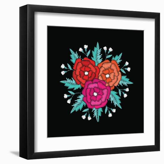 Round Embroidered Floristic Decorative Composition. Ethnic Style Satin Stitch Needlework Illustrati-ShevalierArt-Framed Art Print