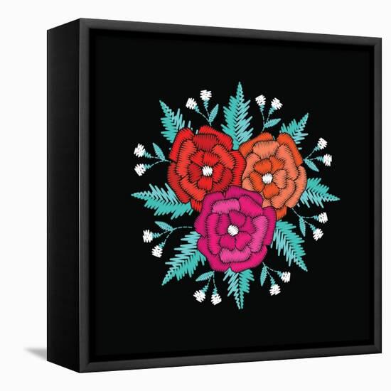 Round Embroidered Floristic Decorative Composition. Ethnic Style Satin Stitch Needlework Illustrati-ShevalierArt-Framed Stretched Canvas