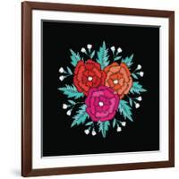 Round Embroidered Floristic Decorative Composition. Ethnic Style Satin Stitch Needlework Illustrati-ShevalierArt-Framed Art Print