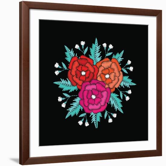 Round Embroidered Floristic Decorative Composition. Ethnic Style Satin Stitch Needlework Illustrati-ShevalierArt-Framed Art Print