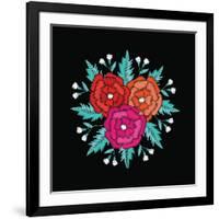 Round Embroidered Floristic Decorative Composition. Ethnic Style Satin Stitch Needlework Illustrati-ShevalierArt-Framed Art Print