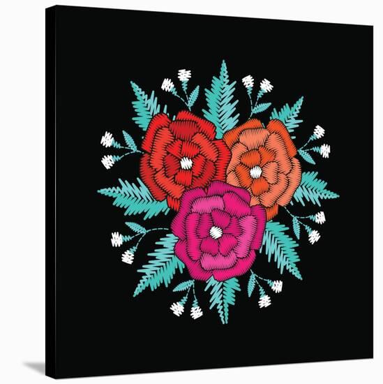 Round Embroidered Floristic Decorative Composition. Ethnic Style Satin Stitch Needlework Illustrati-ShevalierArt-Stretched Canvas