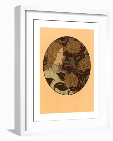 Roundel Portrait of a Girl, French, 1841 1917, Lithograph in Green, Black, and Gold-Eugene Grasset-Framed Giclee Print