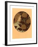 Roundel Portrait of a Girl, French, 1841 1917, Lithograph in Green, Black, and Gold-Eugene Grasset-Framed Giclee Print