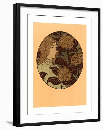 Roundel Portrait of a Girl, French, 1841 1917, Lithograph in Green, Black, and Gold-Eugene Grasset-Framed Giclee Print