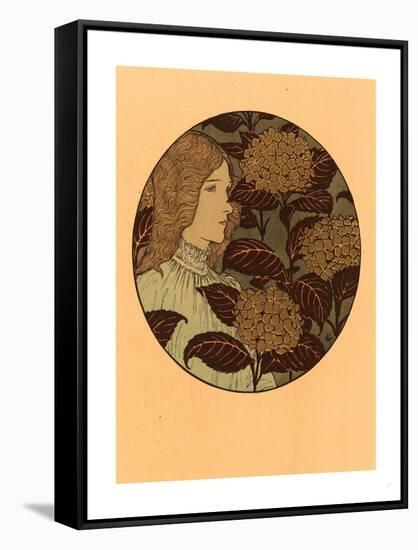 Roundel Portrait of a Girl, French, 1841 1917, Lithograph in Green, Black, and Gold-Eugene Grasset-Framed Stretched Canvas