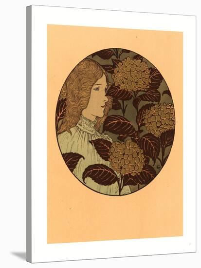 Roundel Portrait of a Girl, French, 1841 1917, Lithograph in Green, Black, and Gold-Eugene Grasset-Stretched Canvas