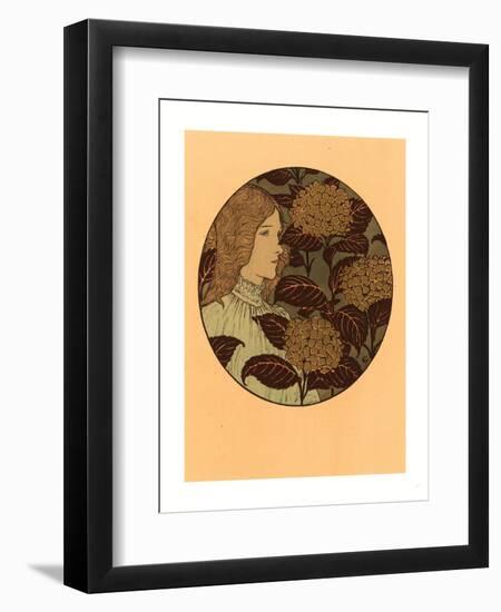 Roundel Portrait of a Girl, French, 1841 1917, Lithograph in Green, Black, and Gold-Eugene Grasset-Framed Giclee Print