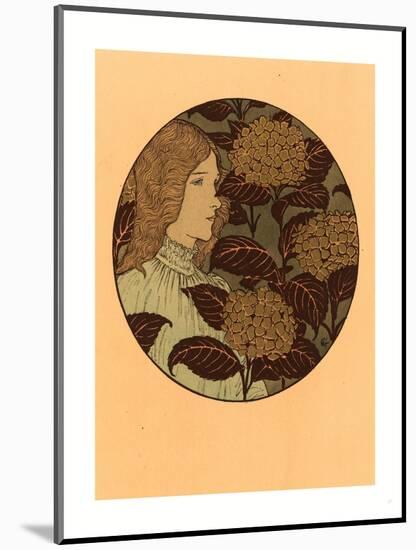 Roundel Portrait of a Girl, French, 1841 1917, Lithograph in Green, Black, and Gold-Eugene Grasset-Mounted Giclee Print