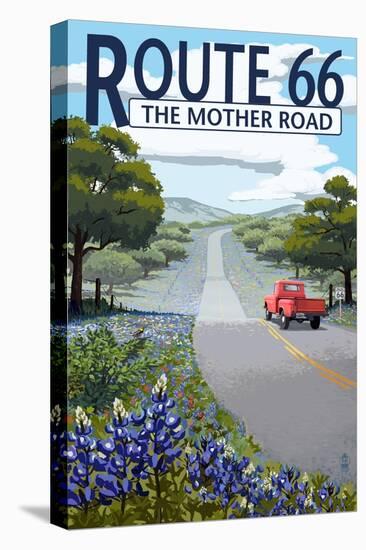 Route 66 - Highway and Wildflowers-Lantern Press-Stretched Canvas