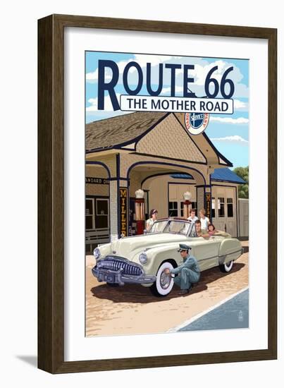 Route 66 - Service Station-Lantern Press-Framed Art Print