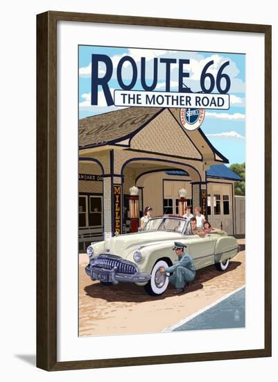 Route 66 - Service Station-Lantern Press-Framed Art Print