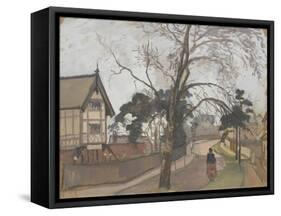 Route des environs de Londres avec chalet à gauche-Camille Pissarro-Framed Stretched Canvas