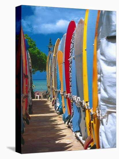 Row of Colorful Surfboards, Waikiki Beach-George Oze-Stretched Canvas