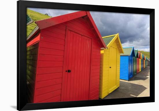 Row of Colourful Beach Huts and their Shadows, with Grassy Cliffs, West Cliff Beach-Eleanor Scriven-Framed Photographic Print