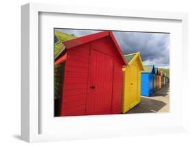 Row of Colourful Beach Huts and their Shadows, with Grassy Cliffs, West Cliff Beach-Eleanor Scriven-Framed Photographic Print