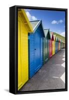 Row of Colourful Beach Huts and their Shadows with Green Hill Backdrop-Eleanor Scriven-Framed Stretched Canvas