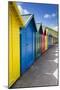 Row of Colourful Beach Huts and their Shadows with Green Hill Backdrop-Eleanor Scriven-Mounted Photographic Print