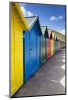 Row of Colourful Beach Huts and their Shadows with Green Hill Backdrop-Eleanor Scriven-Mounted Photographic Print