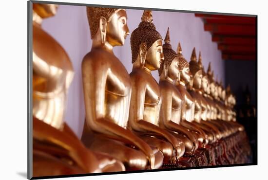 Row of golden Buddha statues, earth witness gesture, Wat Pho (Temple of the Reclining Buddha)-Godong-Mounted Photographic Print