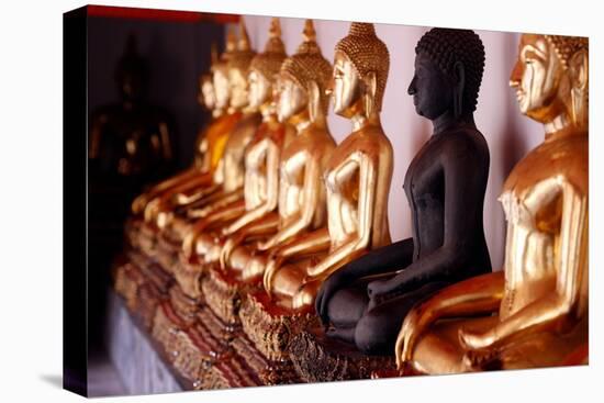 Row of golden Buddha statues, earth witness gesture, Wat Pho (Temple of the Reclining Buddha)-Godong-Stretched Canvas