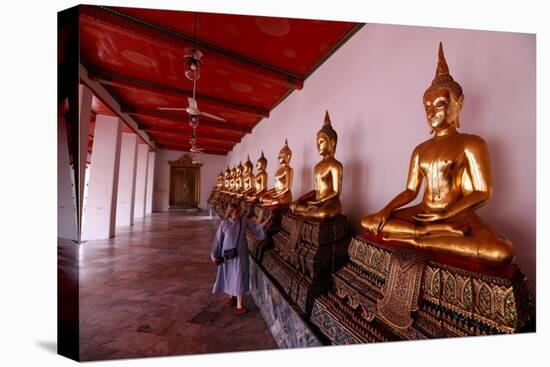 Row of golden Buddha statues, earth witness gesture, Wat Pho (Temple of the Reclining Buddha)-Godong-Stretched Canvas