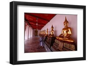 Row of golden Buddha statues, earth witness gesture, Wat Pho (Temple of the Reclining Buddha)-Godong-Framed Photographic Print