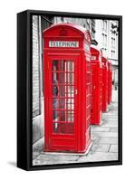 Row Of Iconic London Red Phone Cabins With The Rest Of The Picture In Black And White-Kamira-Framed Stretched Canvas