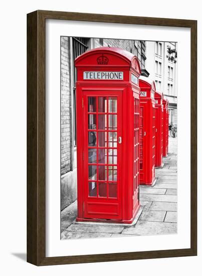 Row Of Iconic London Red Phone Cabins With The Rest Of The Picture In Black And White-Kamira-Framed Photographic Print