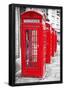 Row of Iconic London Red Phone Cabins-Kamira-Framed Poster