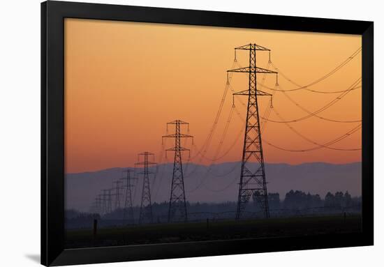 Row of Power Pylons at Sunset, Mid Canterbury, South Island, New Zealand-David Wall-Framed Photographic Print