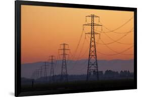 Row of Power Pylons at Sunset, Mid Canterbury, South Island, New Zealand-David Wall-Framed Photographic Print