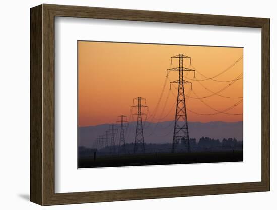 Row of Power Pylons at Sunset, Mid Canterbury, South Island, New Zealand-David Wall-Framed Photographic Print