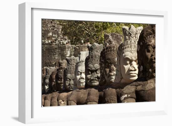 Row of Statues of Asuras on South Gate Bridge across Moat to Angkor Thom, Siem Reap-David Wall-Framed Photographic Print