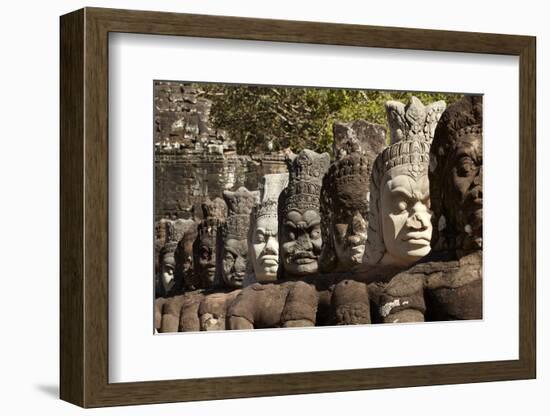 Row of Statues of Asuras on South Gate Bridge across Moat to Angkor Thom, Siem Reap-David Wall-Framed Photographic Print