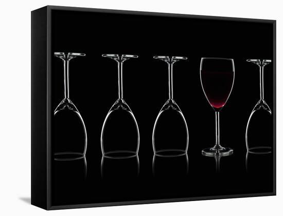 Row of Wine Glasses and a Glass of Red Wine Against a Black Background-Shawn Hempel-Framed Stretched Canvas