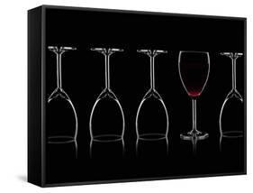 Row of Wine Glasses and a Glass of Red Wine Against a Black Background-Shawn Hempel-Framed Stretched Canvas