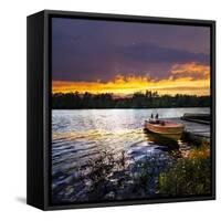 Rowboat Tied to Dock on Beautiful Lake with Dramatic Sunset-elenathewise-Framed Stretched Canvas