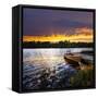 Rowboat Tied to Dock on Beautiful Lake with Dramatic Sunset-elenathewise-Framed Stretched Canvas