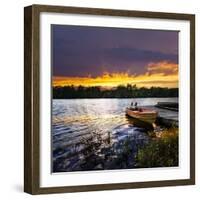 Rowboat Tied to Dock on Beautiful Lake with Dramatic Sunset-elenathewise-Framed Photographic Print