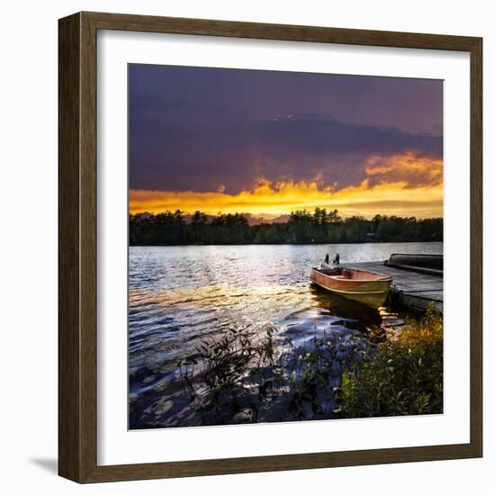 Rowboat Tied to Dock on Beautiful Lake with Dramatic Sunset-elenathewise-Framed Photographic Print