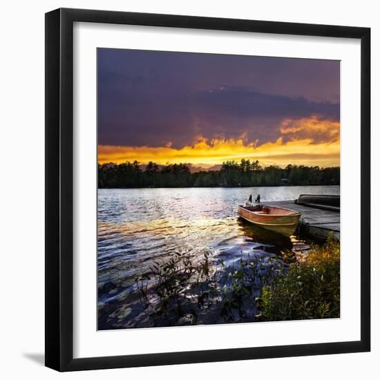 Rowboat Tied to Dock on Beautiful Lake with Dramatic Sunset-elenathewise-Framed Photographic Print